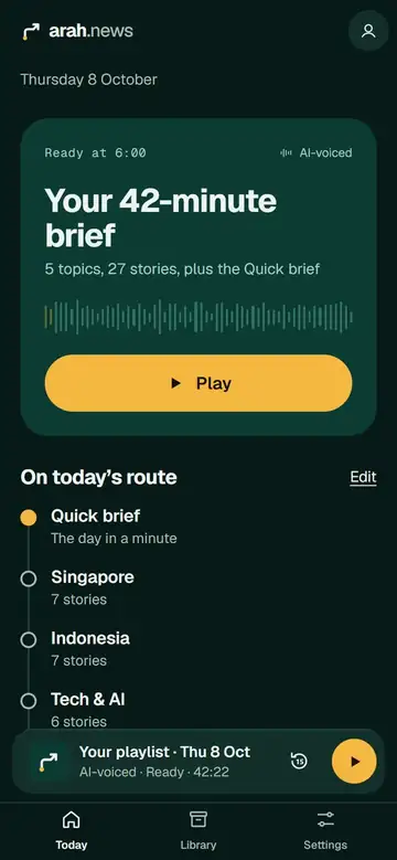 arah.news today screen: a 42-minute episode and the route of topics.