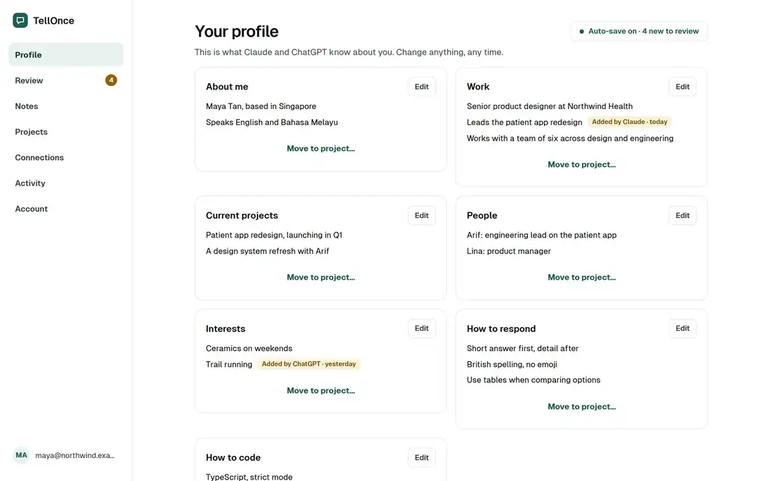 TellOnce profile screen on desktop, showing what connected AI apps know about you.