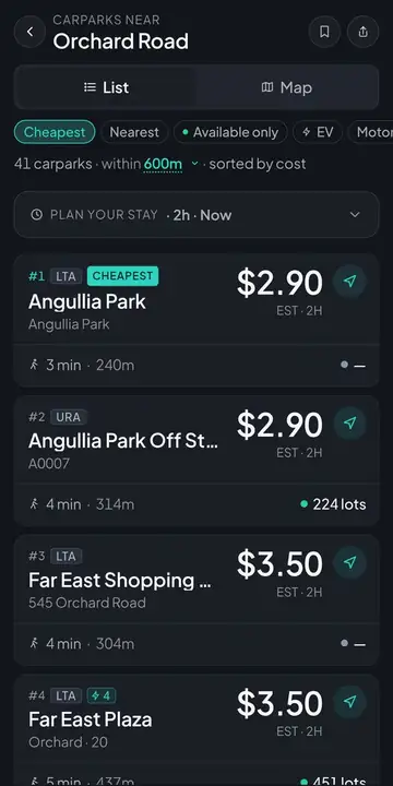wheretopark.sg list of carparks near Orchard Road, cheapest first.